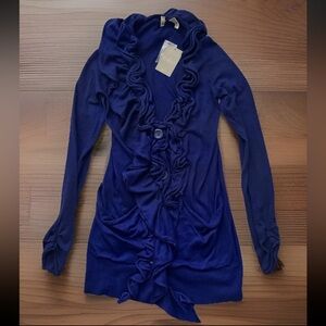 MOTH Sweater Womens Medium Royal Blue Big Button Ruffle Front Madison Cardigan